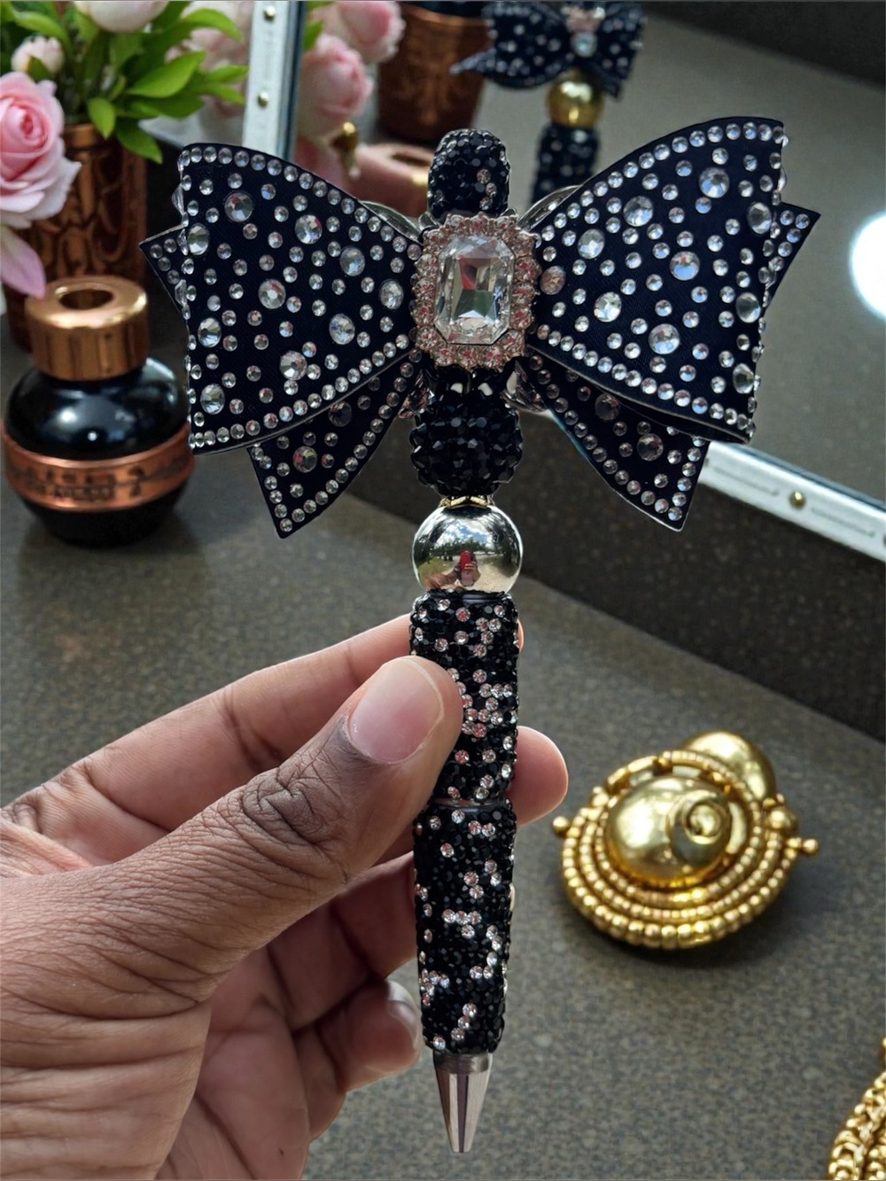 Handcrafted Black Crystal Bow Pen with Rhinestones
